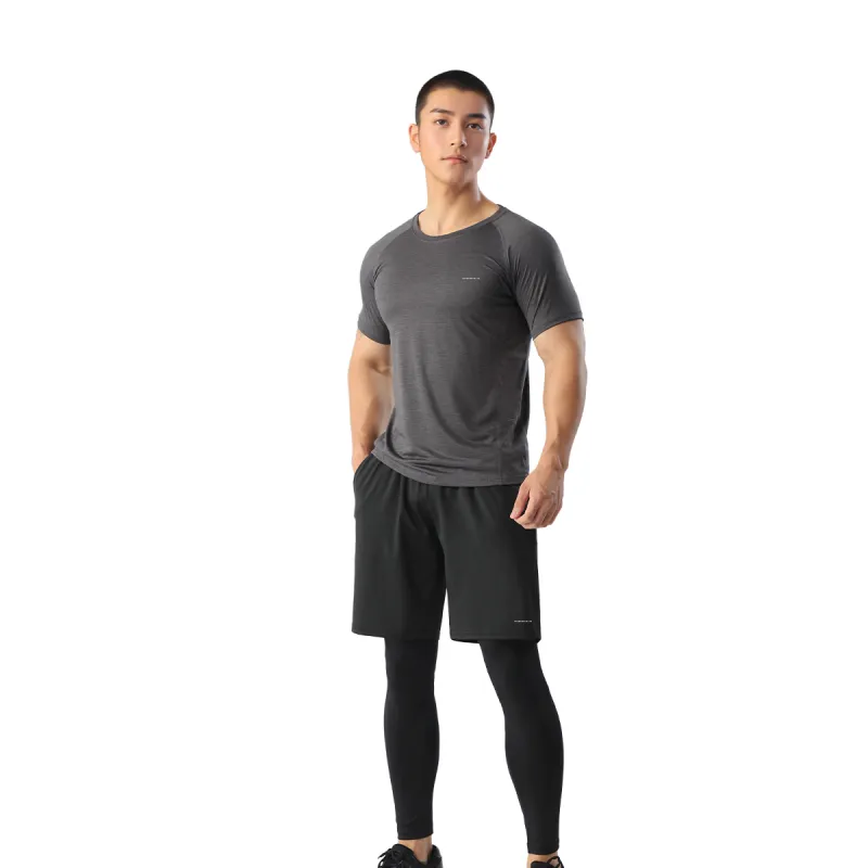 MESUCA Fitness Set Men's Set Black Heather Gray Top+Black Shorts+Black Pants-7