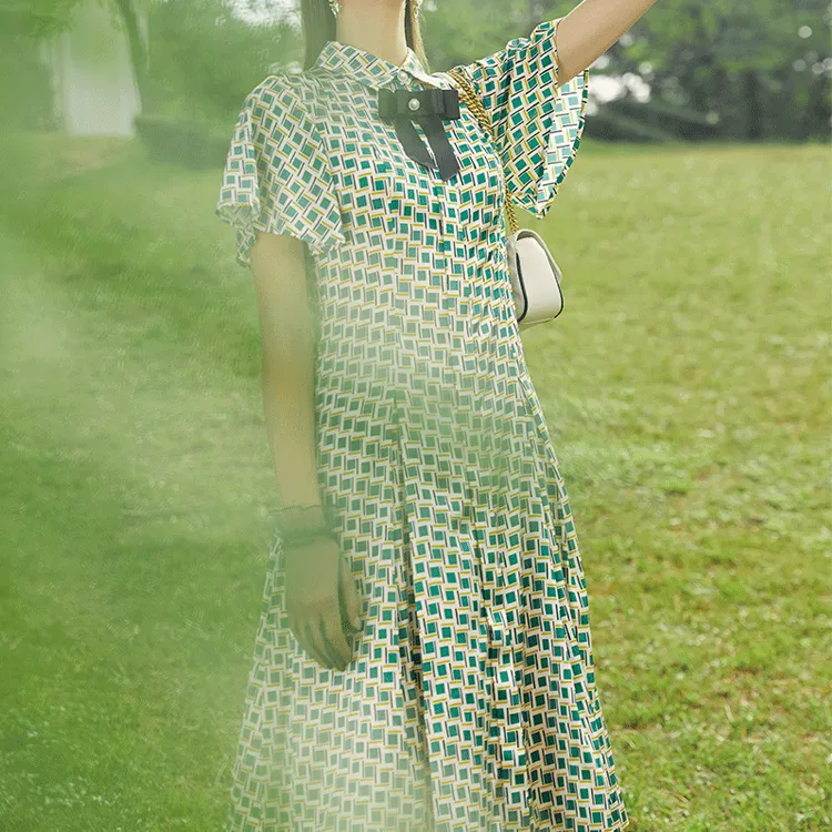 BESIONIA SS22 Short Sleeved Dresses Women's Green Geometric Pattern-2