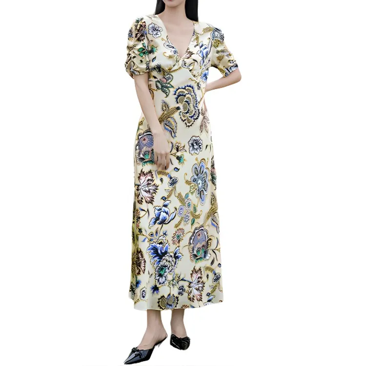 BESIONIA SS25 Short Sleeved Dress Women's Yellow Floral Pattern-1