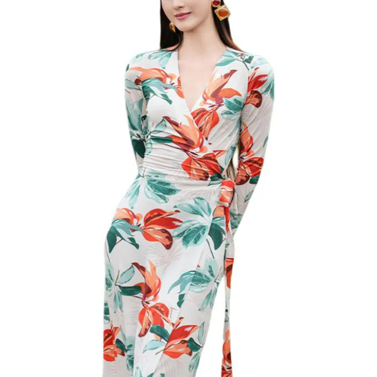 BESIONIA SS25 Long Sleeved Dress Women's Green Floral Pattern-2