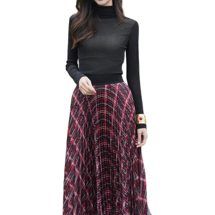 BESIONIA SS25 Casual Long Skirts Women's Red Plaid Pattern-3