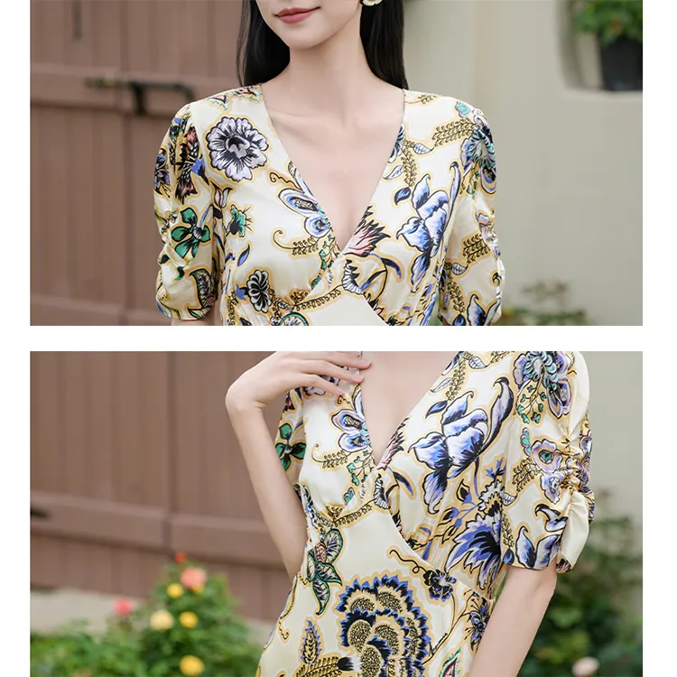BESIONIA SS25 Short Sleeved Dress Women's Yellow Floral Pattern-5