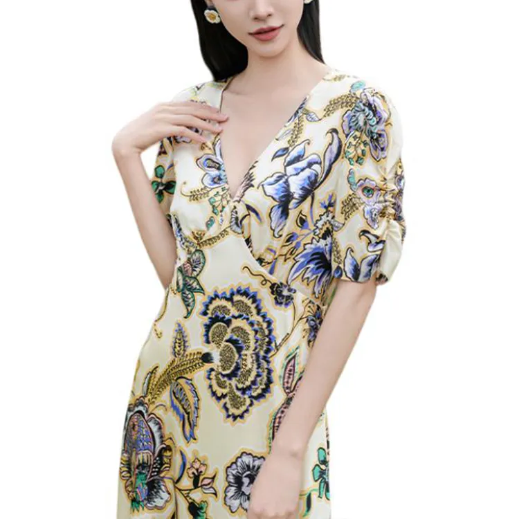 BESIONIA SS25 Short Sleeved Dress Women's Yellow Floral Pattern-4