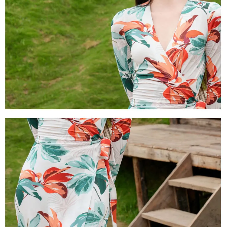 BESIONIA SS25 Long Sleeved Dress Women's Green Floral Pattern-5