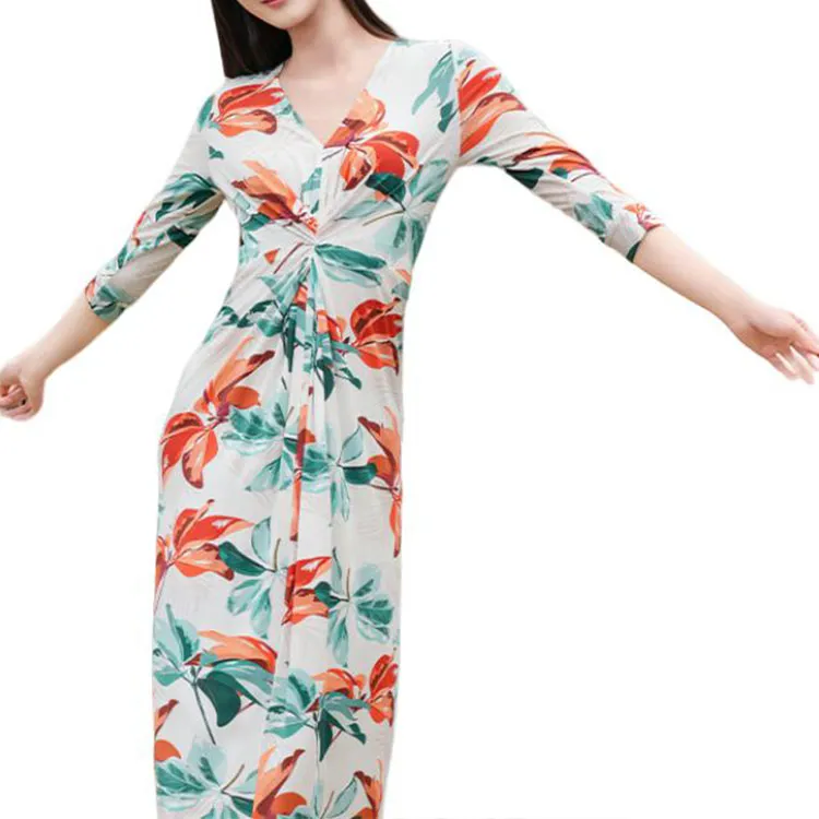 BESIONIA SS25 Long Sleeved Dress Women's Green Floral Pattern-4