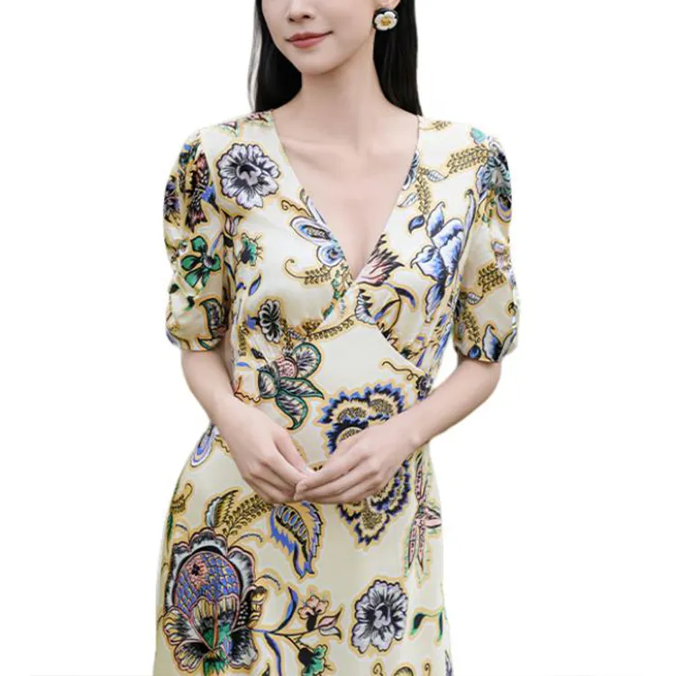 BESIONIA SS25 Short Sleeved Dress Women's Yellow Floral Pattern-3