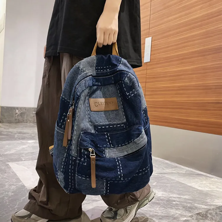 Yalu Denim With Polyester Backpack Unisex Black/Blue-14