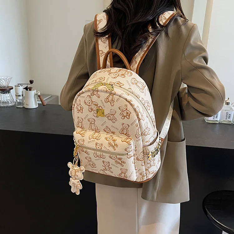 Yalu PU Backpack Laptop Bag Backpack Women's Pink/Ecru/Brown/Black-9