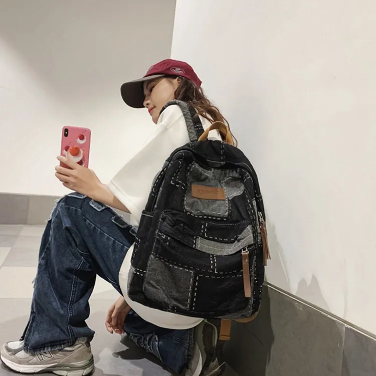 Yalu Denim With Polyester Backpack Unisex Black/Blue-7