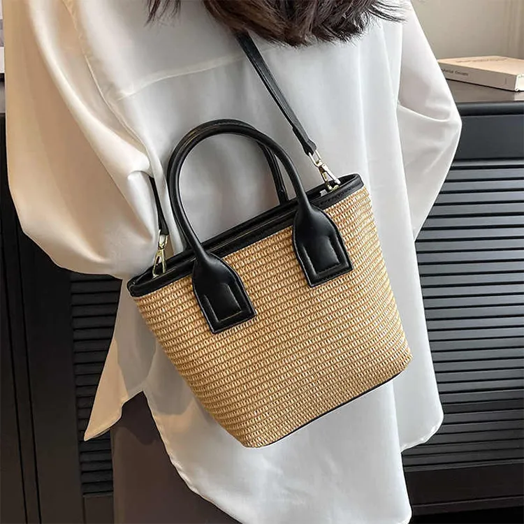 Yalu Straw Woven Shoulder Bag, Crossbody Bag, Handbag Regular Women's Black/Khaki-1