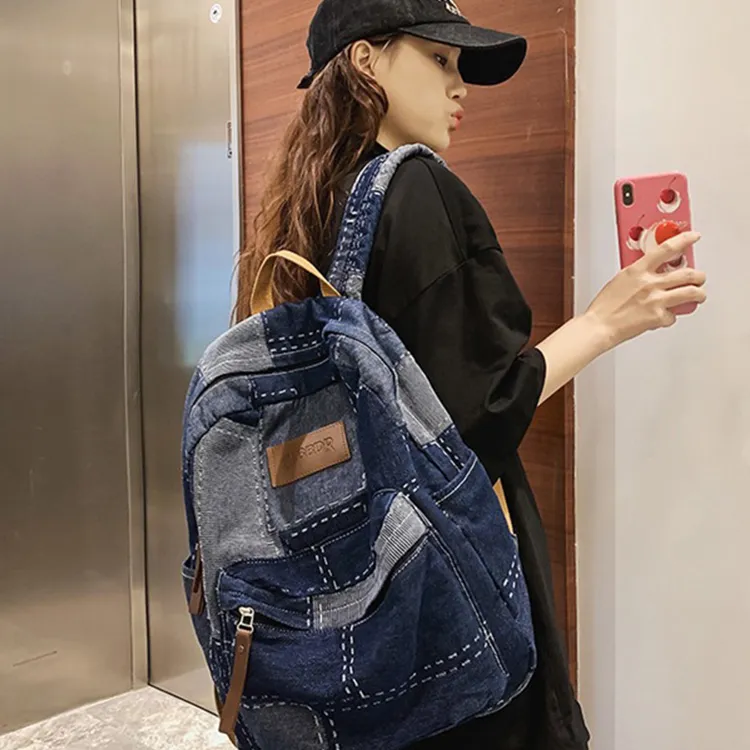 Yalu Denim With Polyester Backpack Unisex Black/Blue-10