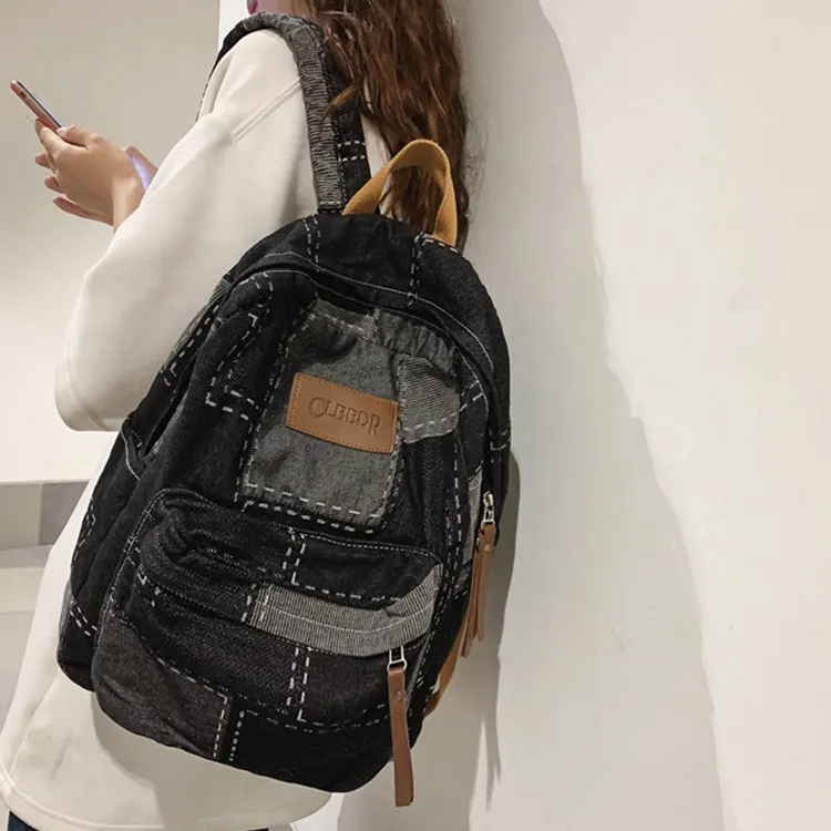 Yalu Denim With Polyester Backpack Unisex Black/Blue-3