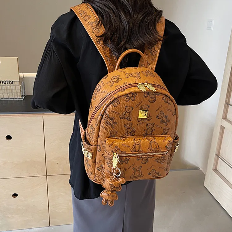 Yalu PU Backpack Laptop Bag Backpack Women's Pink/Ecru/Brown/Black-16