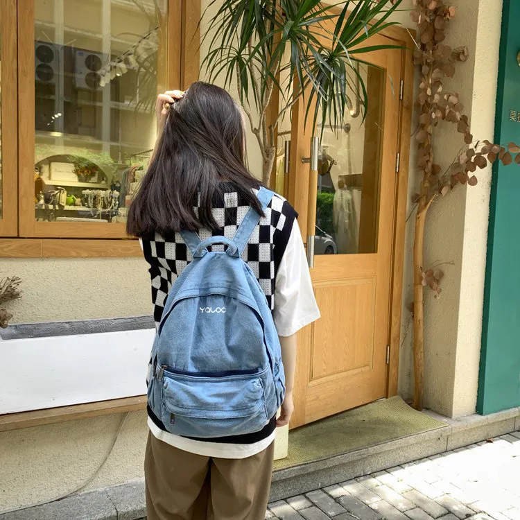 Yalu Polyester With Denim Backpack Laptop Bag Unisex Dark Gray/Light Blue-7