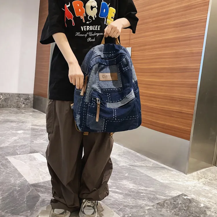 Yalu Denim With Polyester Backpack Unisex Black/Blue-13