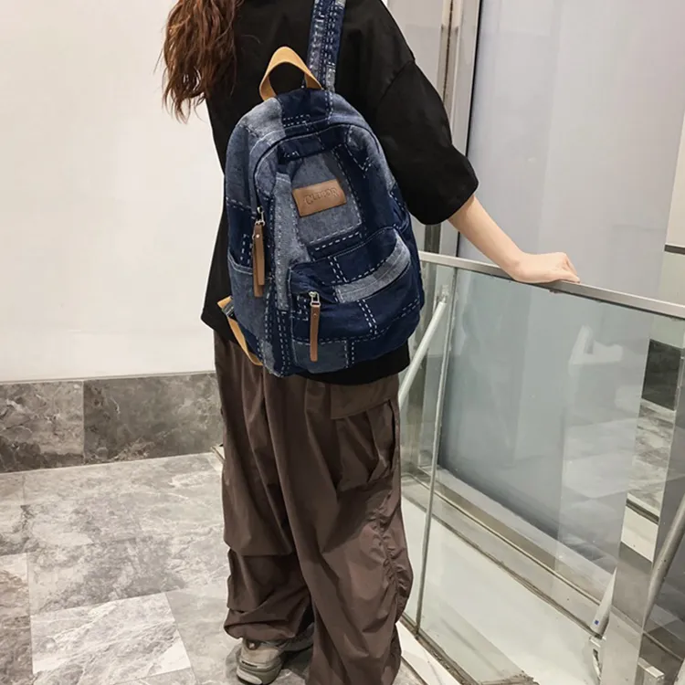 Yalu Denim With Polyester Backpack Unisex Black/Blue-11
