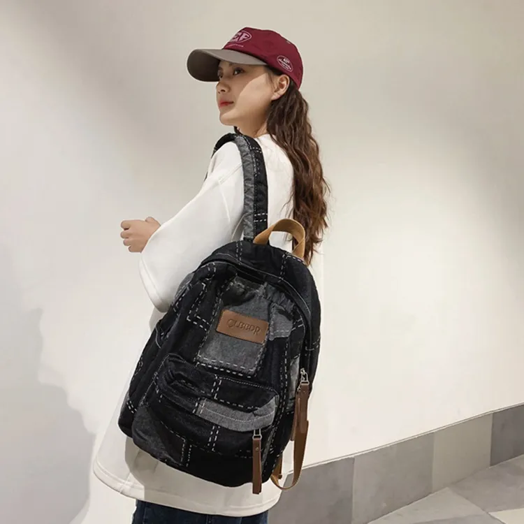 Yalu Denim With Polyester Backpack Unisex Black/Blue-5