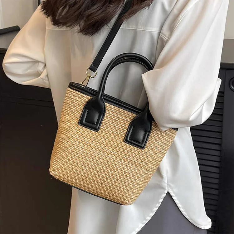 Yalu Straw Woven Shoulder Bag, Crossbody Bag, Handbag Regular Women's Black/Khaki-2