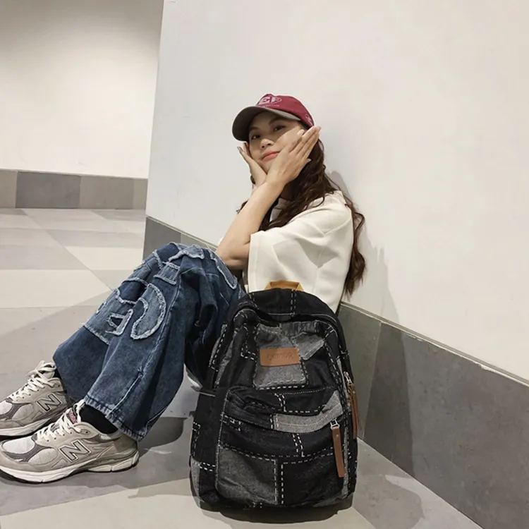Yalu Denim With Polyester Backpack Unisex Black/Blue-6