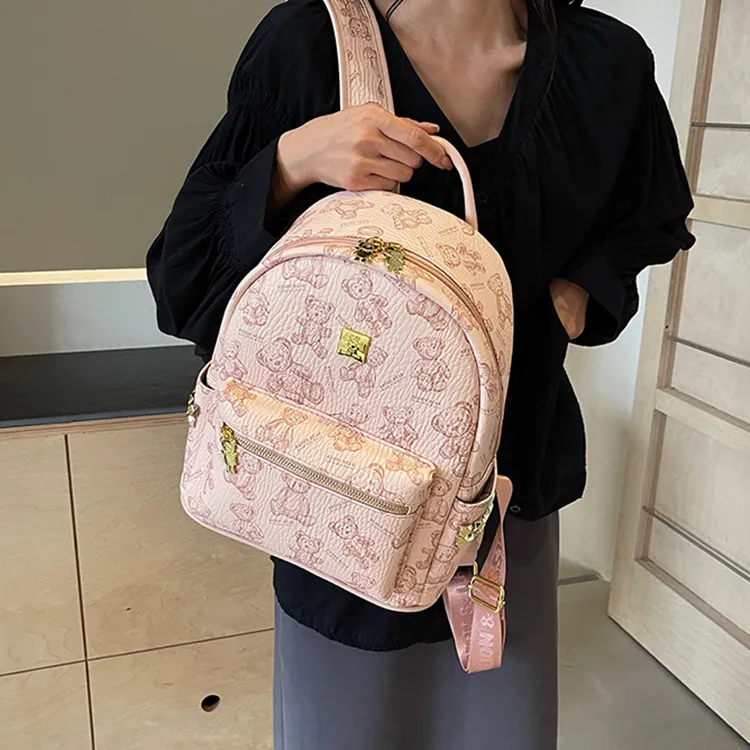 Yalu PU Backpack Laptop Bag Backpack Women's Pink/Ecru/Brown/Black-4