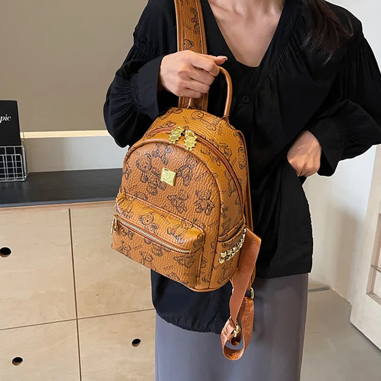 Yalu PU Backpack Laptop Bag Backpack Women's Pink/Ecru/Brown/Black-12