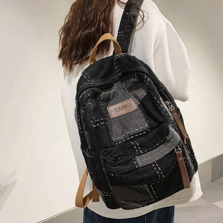 Yalu Denim With Polyester Backpack Unisex Black/Blue-4