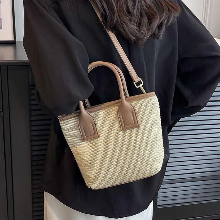Yalu Straw Woven Shoulder Bag, Crossbody Bag, Handbag Regular Women's Black/Khaki-4
