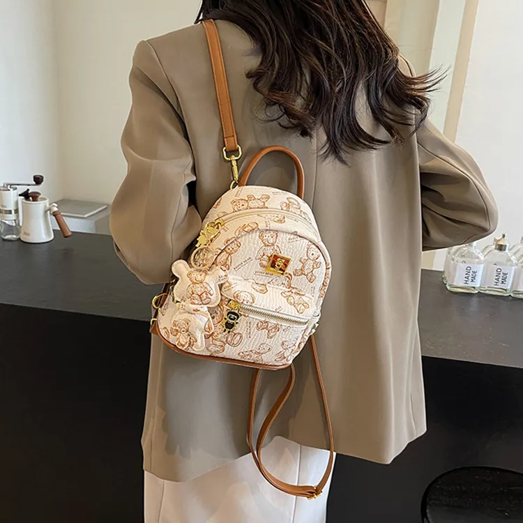 Yalu PU Backpack Laptop Bag Backpack Women's Pink/Ecru/Brown/Black-6
