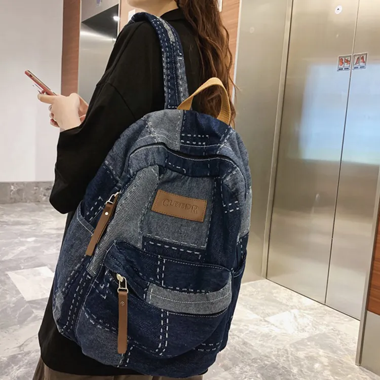 Yalu Denim With Polyester Backpack Unisex Black/Blue-12