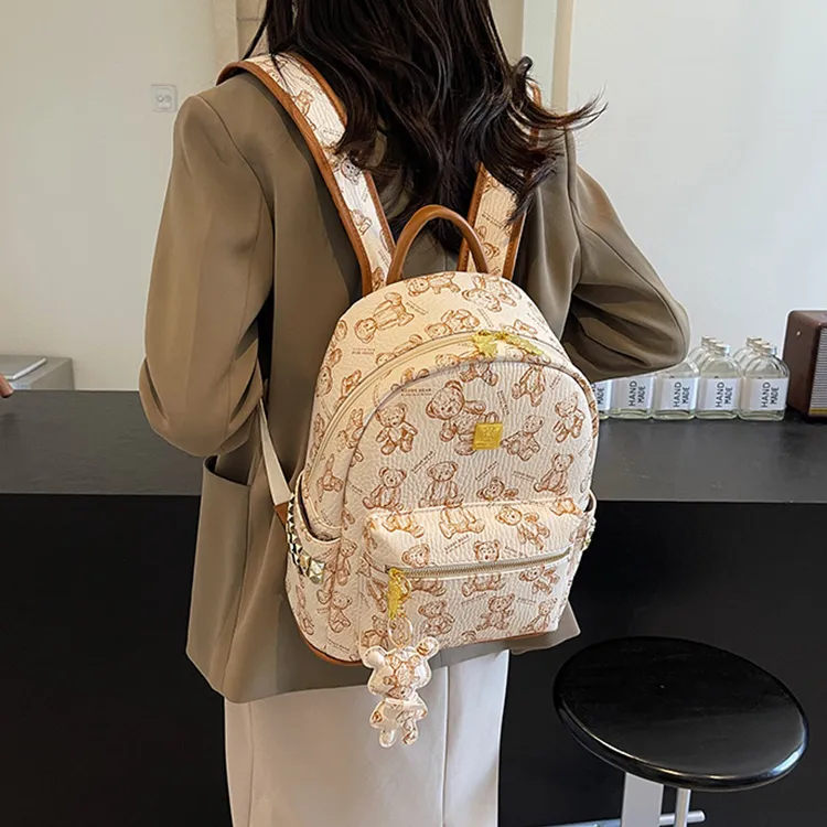 Yalu PU Backpack Laptop Bag Backpack Women's Pink/Ecru/Brown/Black-8