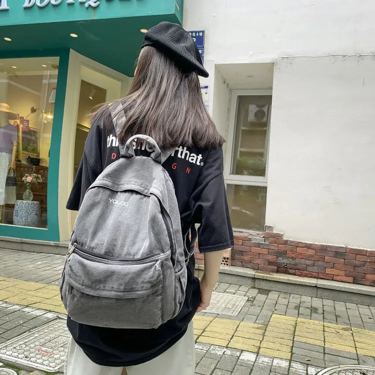 Yalu Polyester With Denim Backpack Laptop Bag Unisex Dark Gray/Light Blue-2
