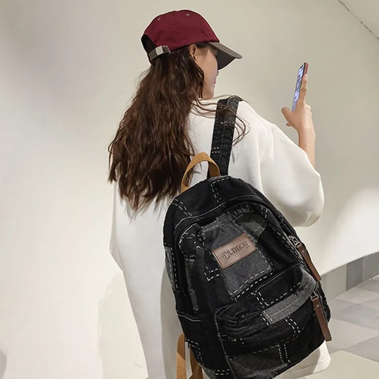 Yalu Denim With Polyester Backpack Unisex Black/Blue-2