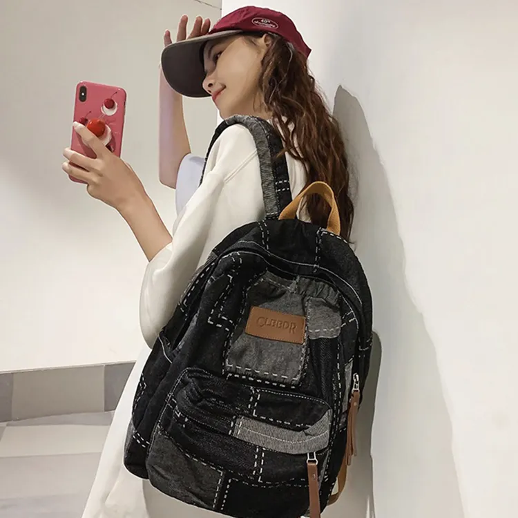 Yalu Denim With Polyester Backpack Unisex Black/Blue-1