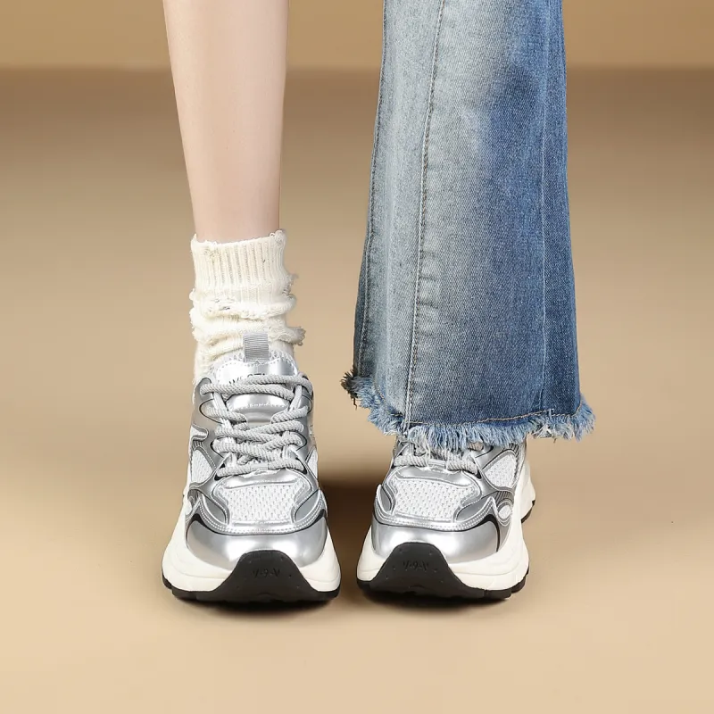 WESTLINK Breathable Lightweight Height Increasing Anti-Slip And Wear-Resistant Low-Top Chunky Sneakers Women's Silver-6