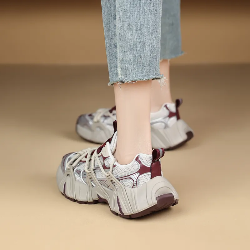 WESTLINK Breathable Lightweight Height Increasing Low-Top Chunky Sneakers Women's Beige/Red-7