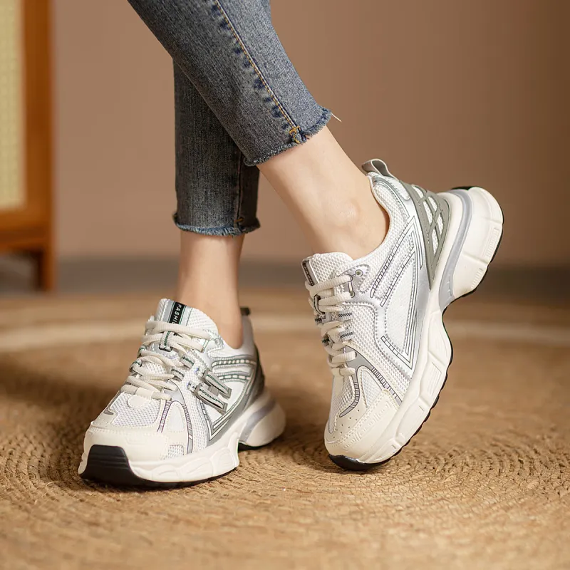 WESTLINK Lightweight Height Increasing Low Top Chunky Sneakers Women's Ecru/Gray-4