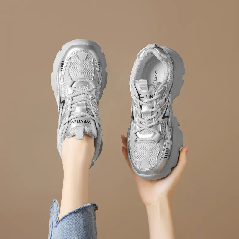 WESTLINK Abrasion Resistant Low Top Chunky Sneakers Women's Silver Gray-6