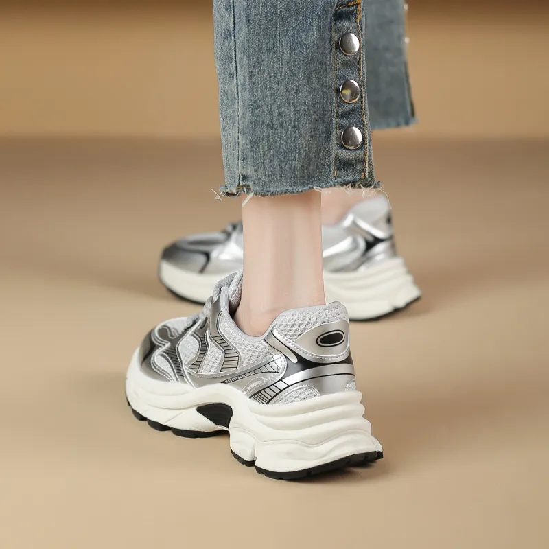 WESTLINK Breathable Lightweight Height Increasing Anti-Slip And Wear-Resistant Low-Top Chunky Sneakers Women's Silver-3