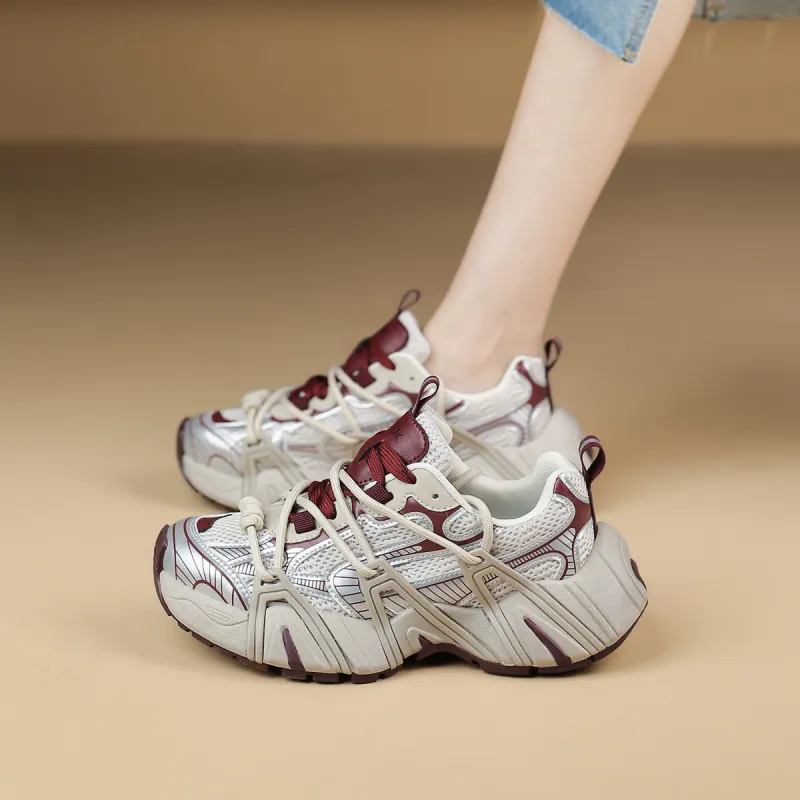 WESTLINK Breathable Lightweight Height Increasing Low-Top Chunky Sneakers Women's Beige/Red-2