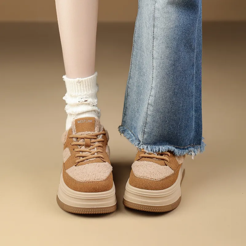 WESTLINK Warm Lightweight Height Increasing Low-Top Skateboard Shoes Women's Apricot-5
