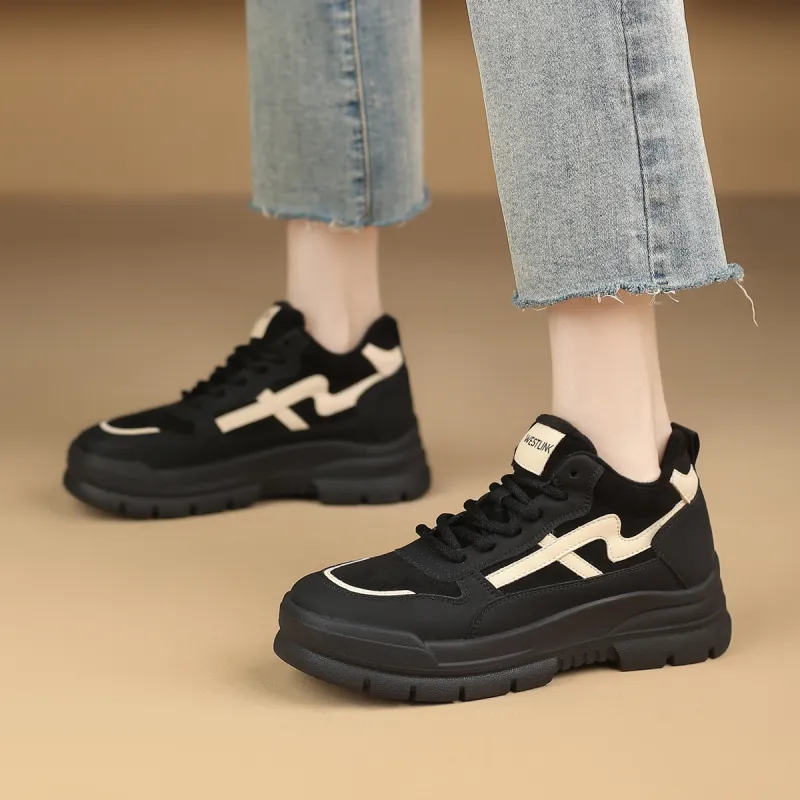 WESTLINK Breathable Lightweight Height Increasing Low-Top Chunky Sneakers Women's Black White-1