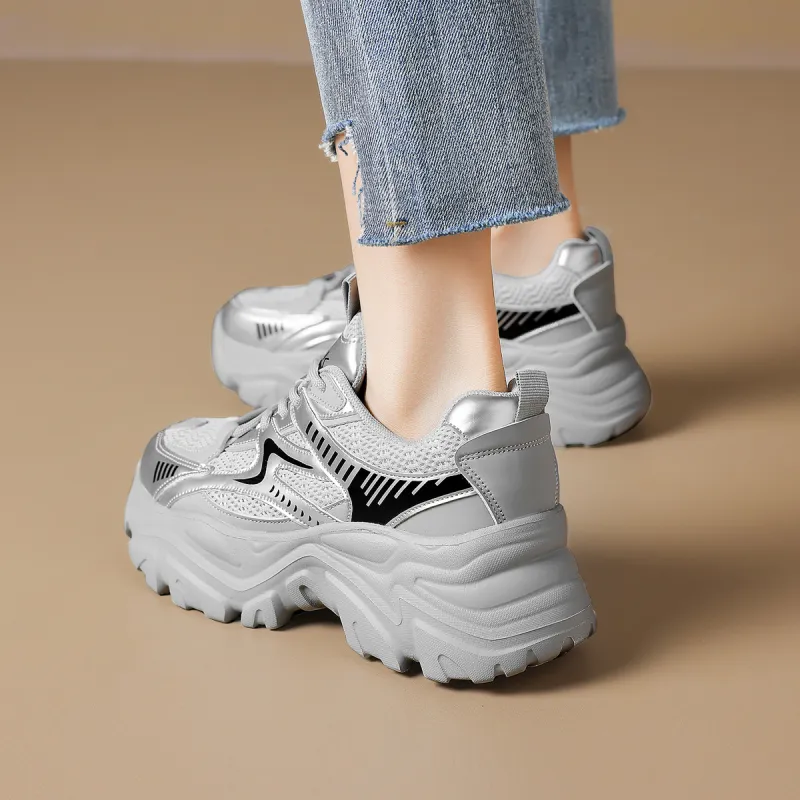 WESTLINK Abrasion Resistant Low Top Chunky Sneakers Women's Silver Gray-3