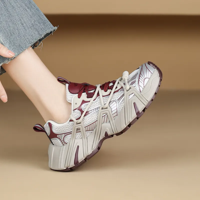 WESTLINK Breathable Lightweight Height Increasing Low-Top Chunky Sneakers Women's Beige/Red-5
