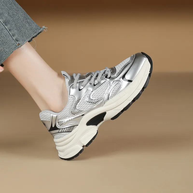 WESTLINK Breathable Lightweight Height Increasing Anti-Slip And Wear-Resistant Low-Top Chunky Sneakers Women's Silver-5