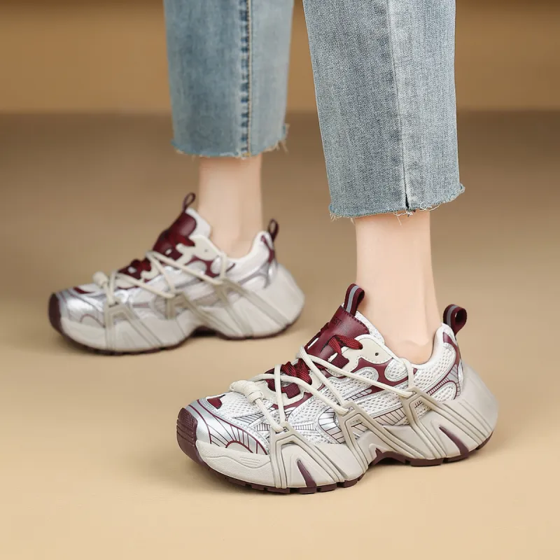 WESTLINK Breathable Lightweight Height Increasing Low-Top Chunky Sneakers Women's Beige/Red-3