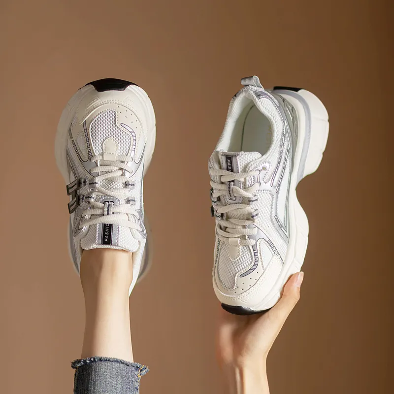 WESTLINK Lightweight Height Increasing Low Top Chunky Sneakers Women's Ecru/Gray-2