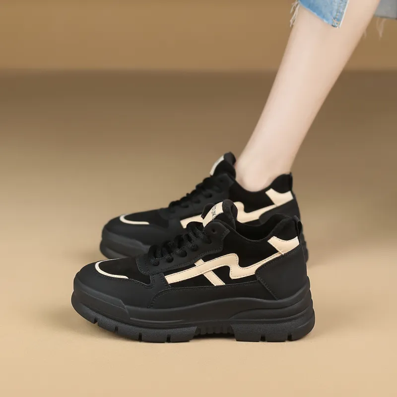 WESTLINK Breathable Lightweight Height Increasing Low-Top Chunky Sneakers Women's Black White-4