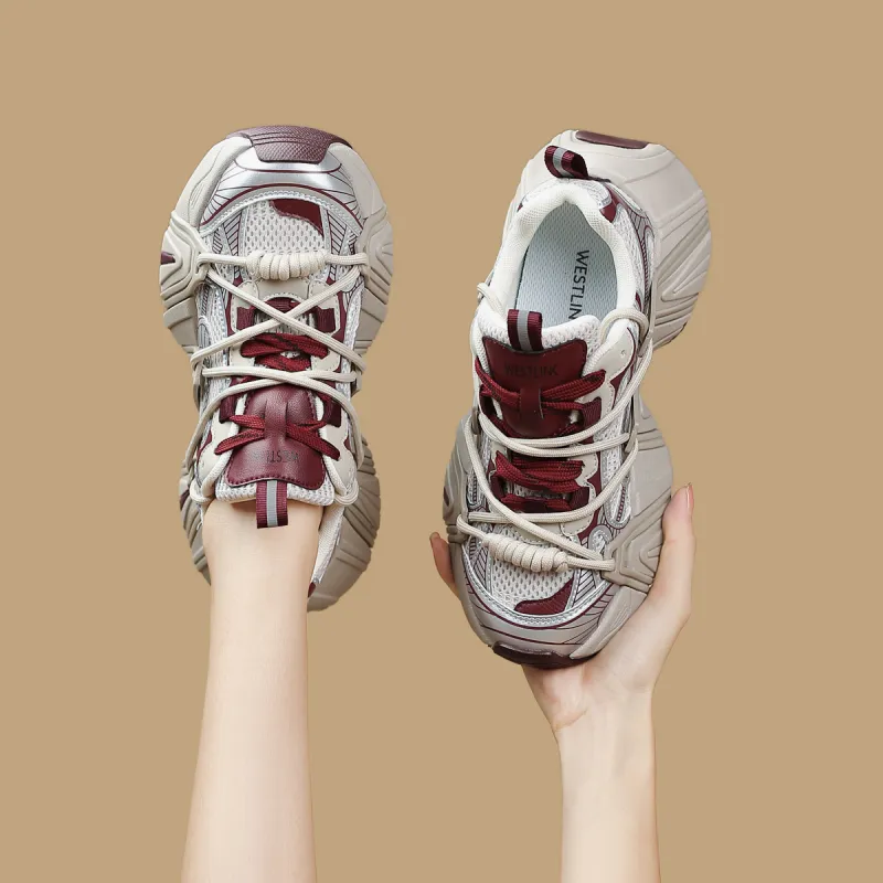 WESTLINK Breathable Lightweight Height Increasing Low-Top Chunky Sneakers Women's Beige/Red-6