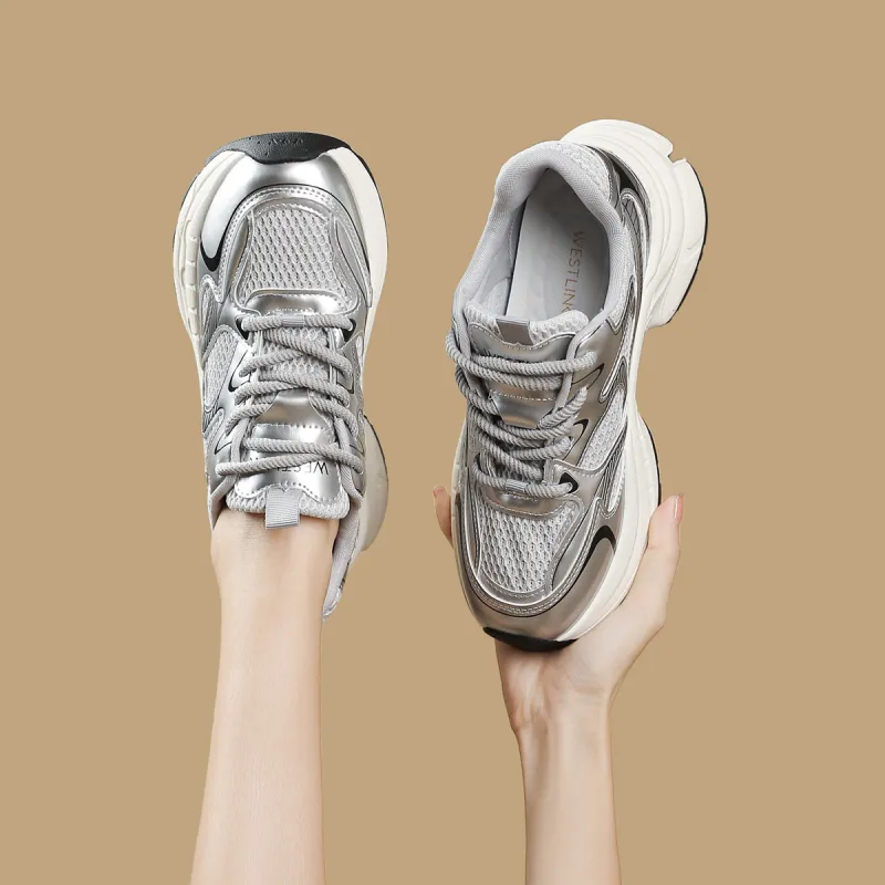 WESTLINK Breathable Lightweight Height Increasing Anti-Slip And Wear-Resistant Low-Top Chunky Sneakers Women's Silver-1