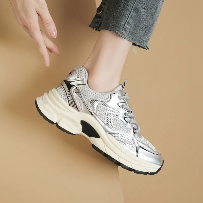 WESTLINK Breathable Lightweight Height Increasing Anti-Slip And Wear-Resistant Low-Top Chunky Sneakers Women's Silver-4